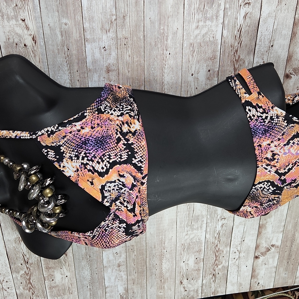 Shade & Shore, 2 pc Swimsuit Bikini,  coral, black, yellow Reptile print, Sz M/L - Picture 4 of 11